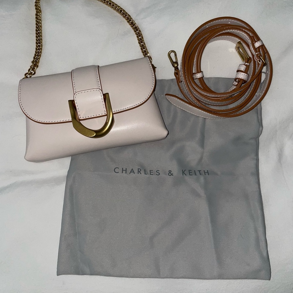 Charles & Keith Beige Crossbody Bag with Gold Accent